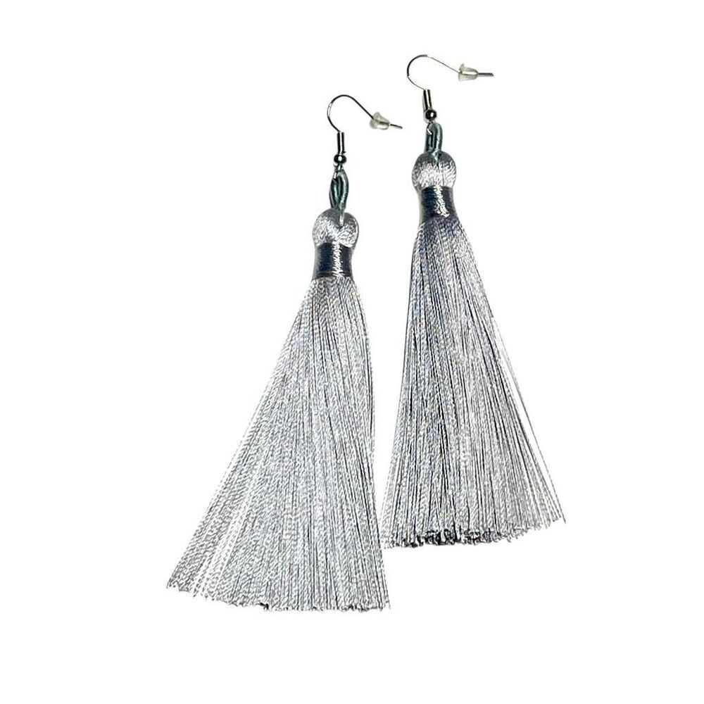 Silvery Light Gray Fringe Drop Earrings